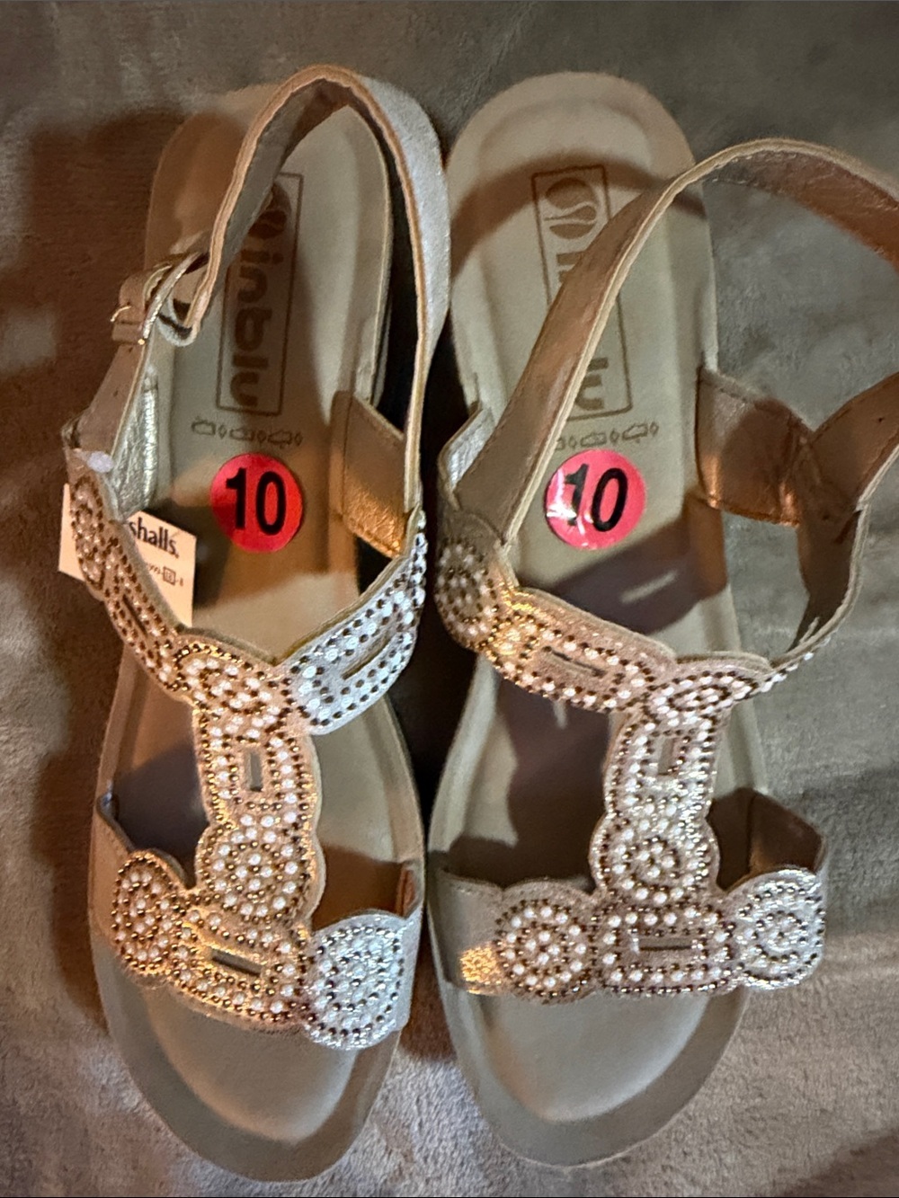 NWT Inblu Beaded T-Strap Sandals -Wedge Sandal Metallic Gold EU 41 Size 10